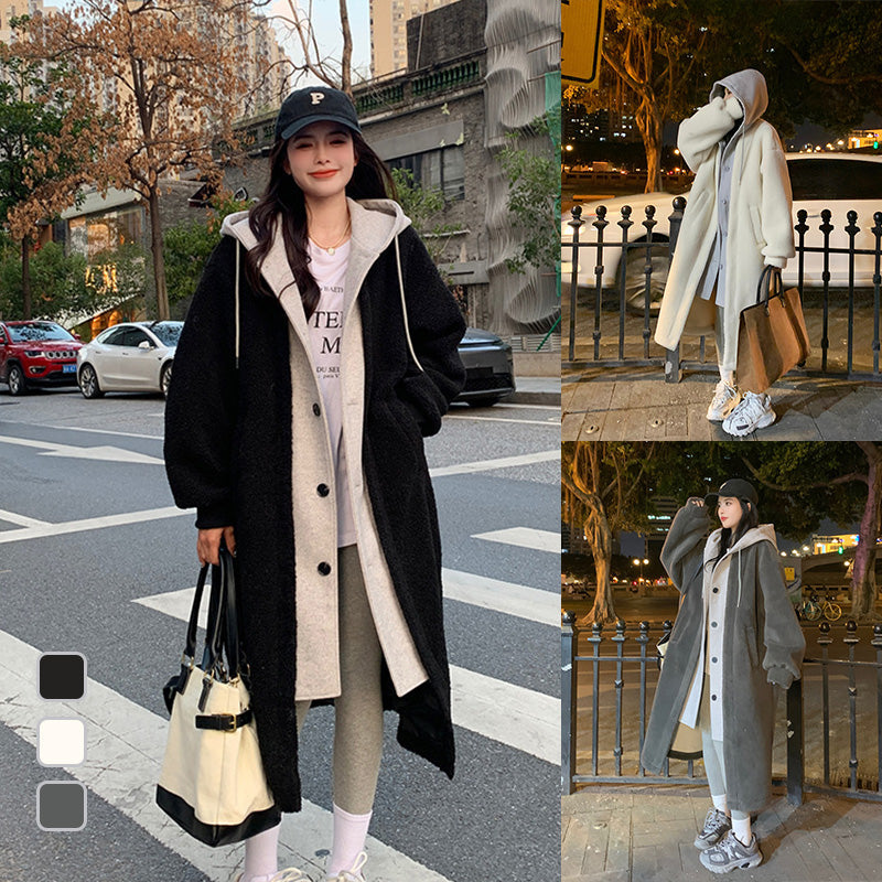 2-Layered Faux Lambswool Hooded Coat Jacket