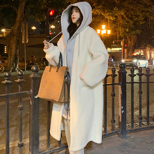 2-Layered Faux Lambswool Hooded Coat Jacket